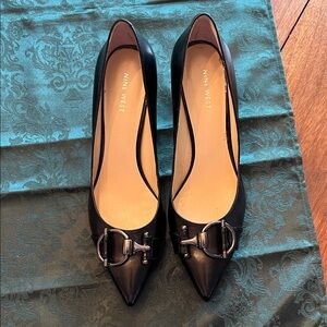 Nine West Black Pointed Toe Heels with Silver Buckle